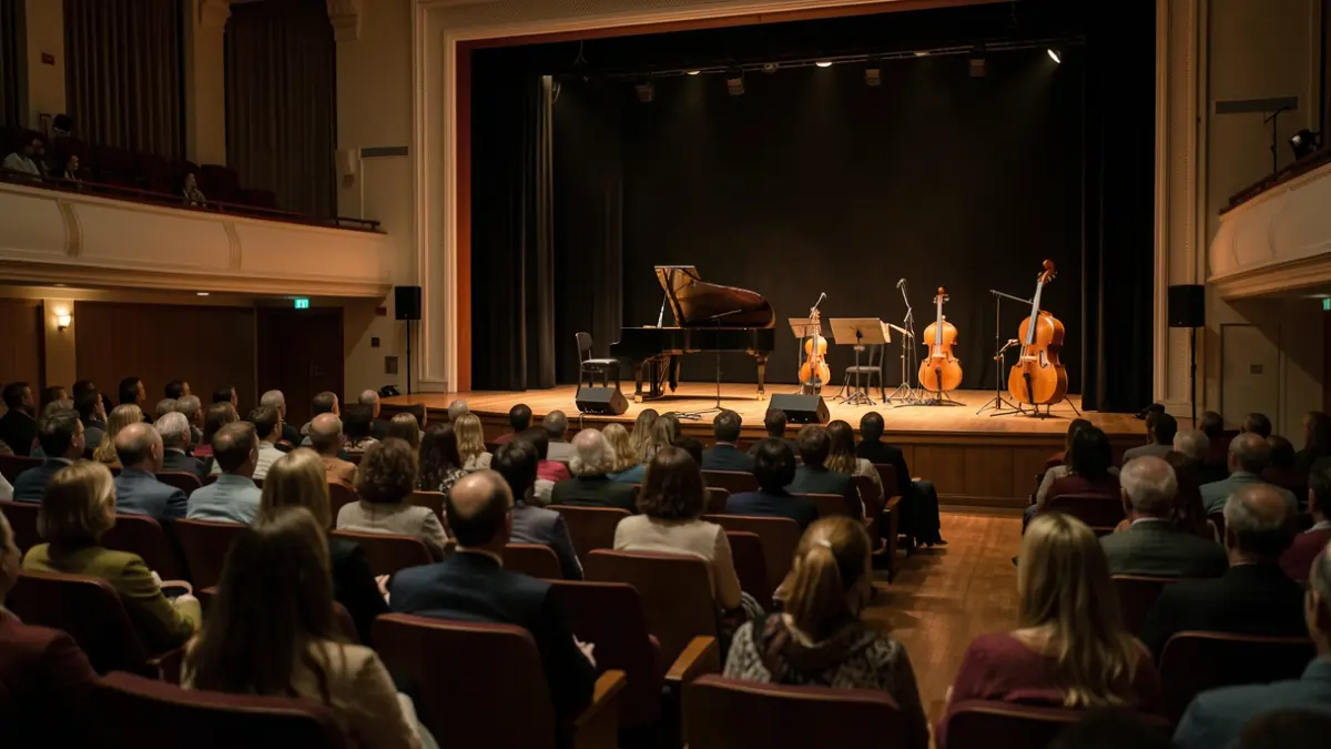 Generic image of an empty concert hall with musical instruments on stage.