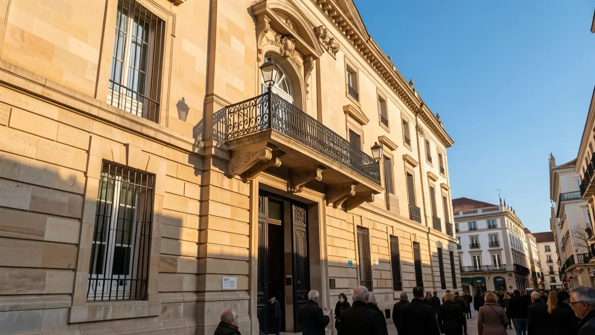 Imagen genérica de la fachada de piedra de un ayuntamiento de la Comunidad de Madrid con balcón y barandillas de hierro, luz cálida de la tarde, cielo azul.