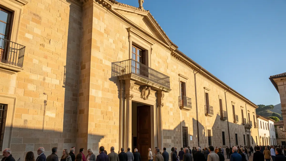 Generic image of a stone town hall facade with a balcony and iron railings, under afternoon sunlight.