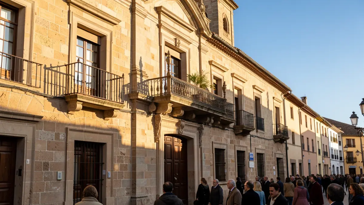 Imagen genérica de la fachada de un ayuntamiento de piedra con balcón y barandillas de hierro, bajo la luz del sol de la tarde.