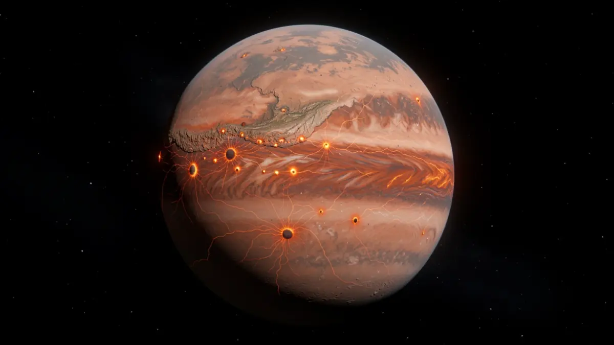 Representación estilizada de la litosfera de Venus, mostrando diferencias de espesor y actividad volcánica.