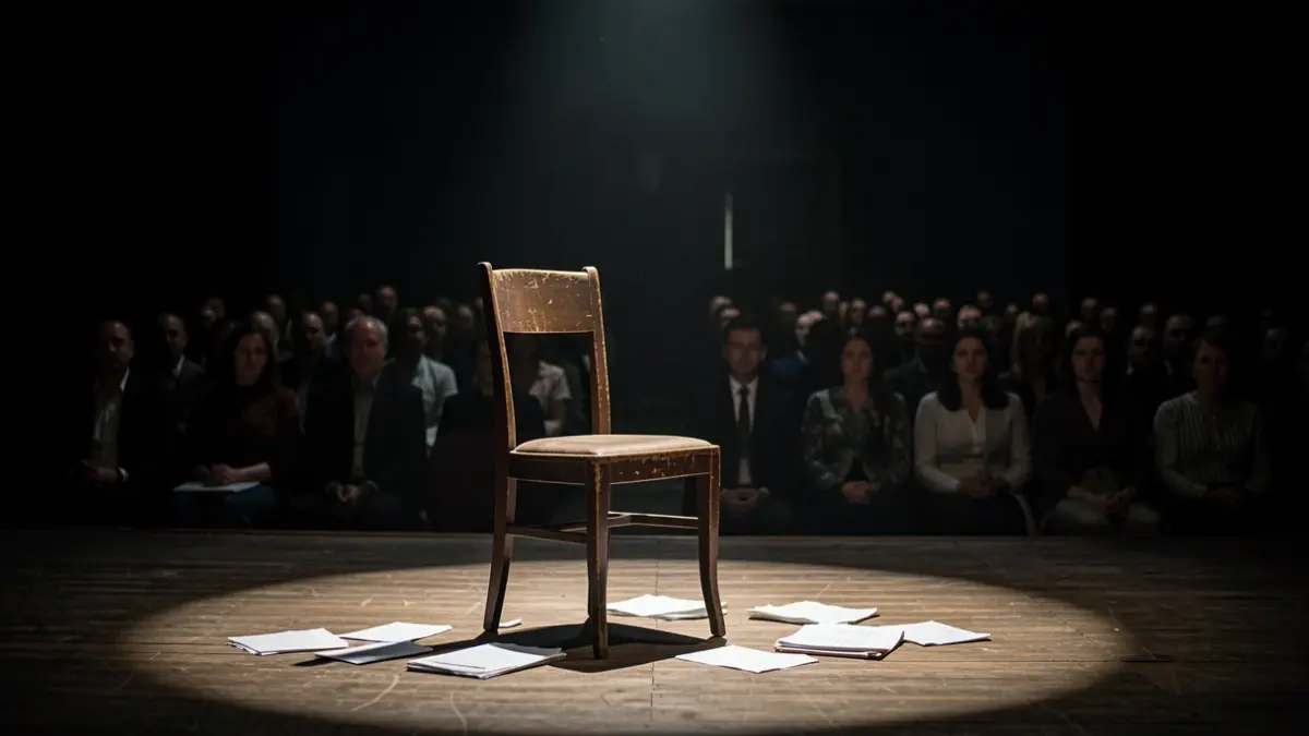 Imagen de un escenario de teatro con una silla y papeles esparcidos, evocando un drama íntimo.