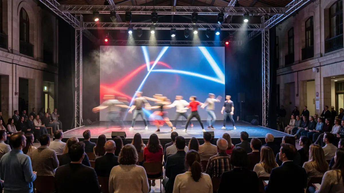 Imagen genérica de un escenario de danza contemporánea en Matadero Madrid con iluminación artística y figuras de bailarines borrosas.