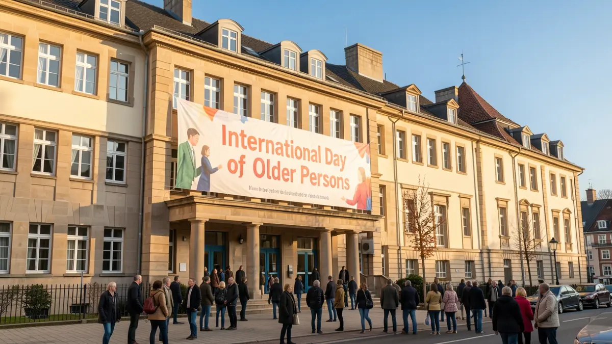 Imagen genérica de la fachada de un hospital público con un cartel de celebración.
