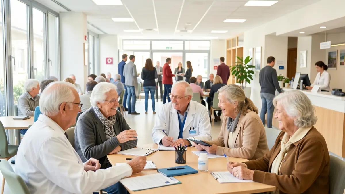 Generic image of elderly people participating in a health event at a hospital.