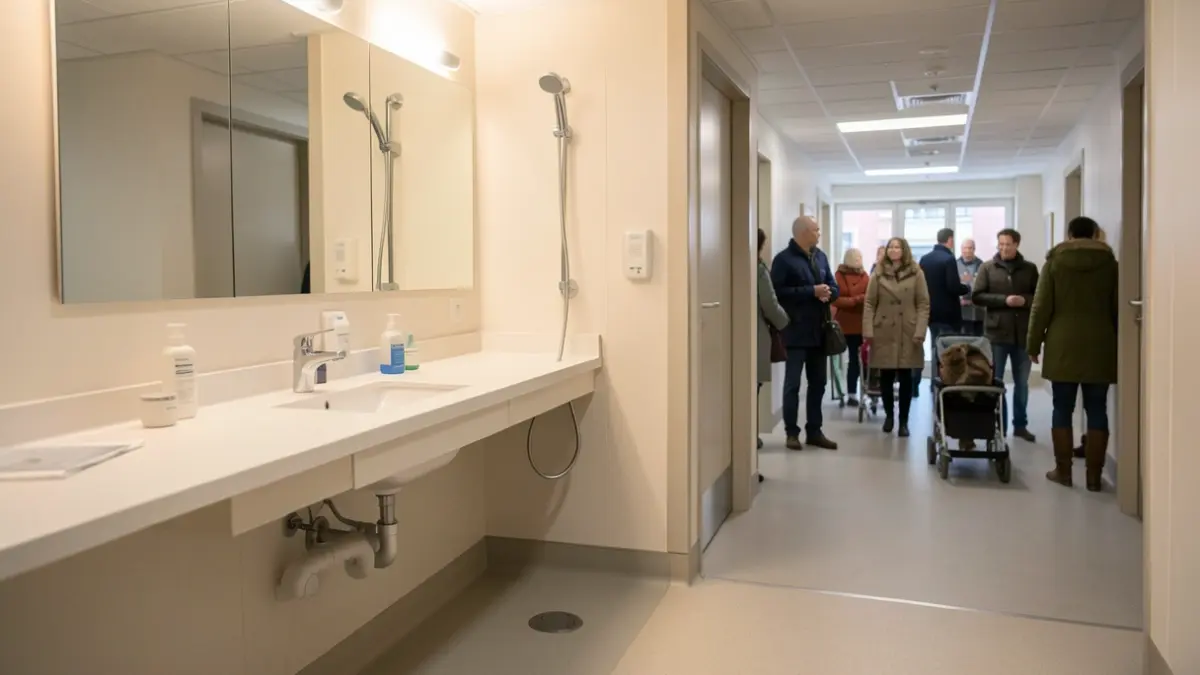 Imagen genérica de un baño hospitalario adaptado con lavabo bajo y espacio de apoyo.