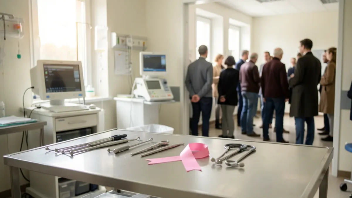 Generic image of medical equipment in a hospital room with a pink ribbon symbol.