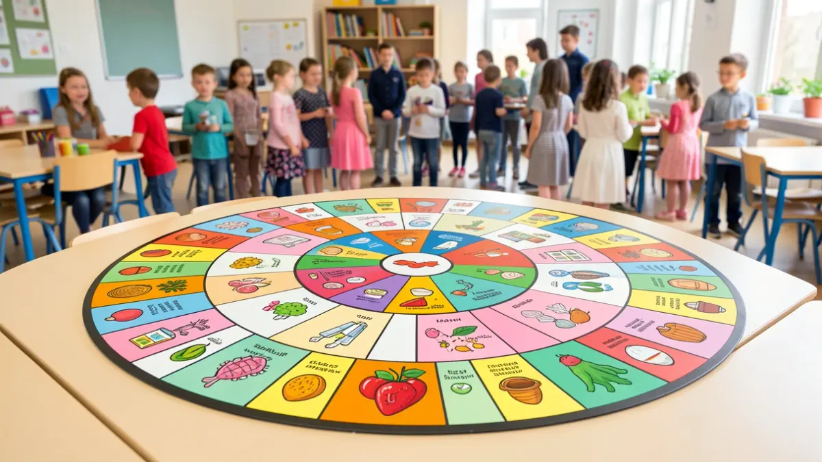 Tablero gigante del juego 'De Oca en Oca, el saber te toca' para aprender sobre nutrición y el sistema inmunitario en aulas.