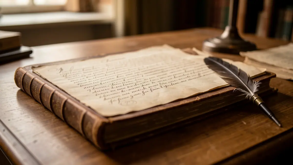 Close-up of an old manuscript with elegant handwriting and a writing quill pen beside it.