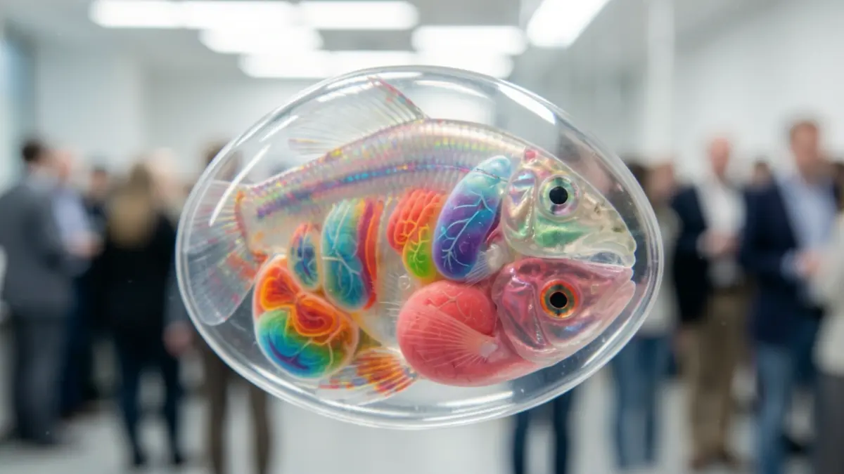 Primer plano de un embrión de pez cebra transparente con órganos internos visibles, destacando su rápido desarrollo embrionario y capacidad de estudio in vivo.