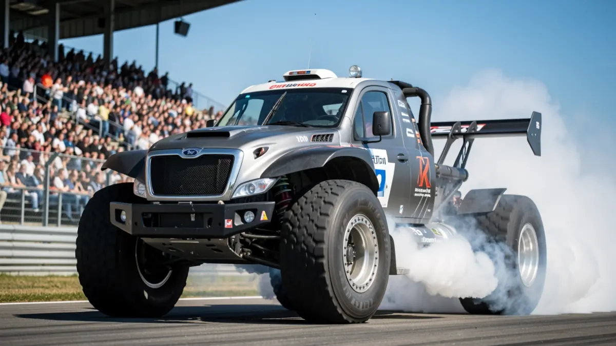 Racing truck emitting steam from its brakes at the Madrid Jarama-RACE Circuit.