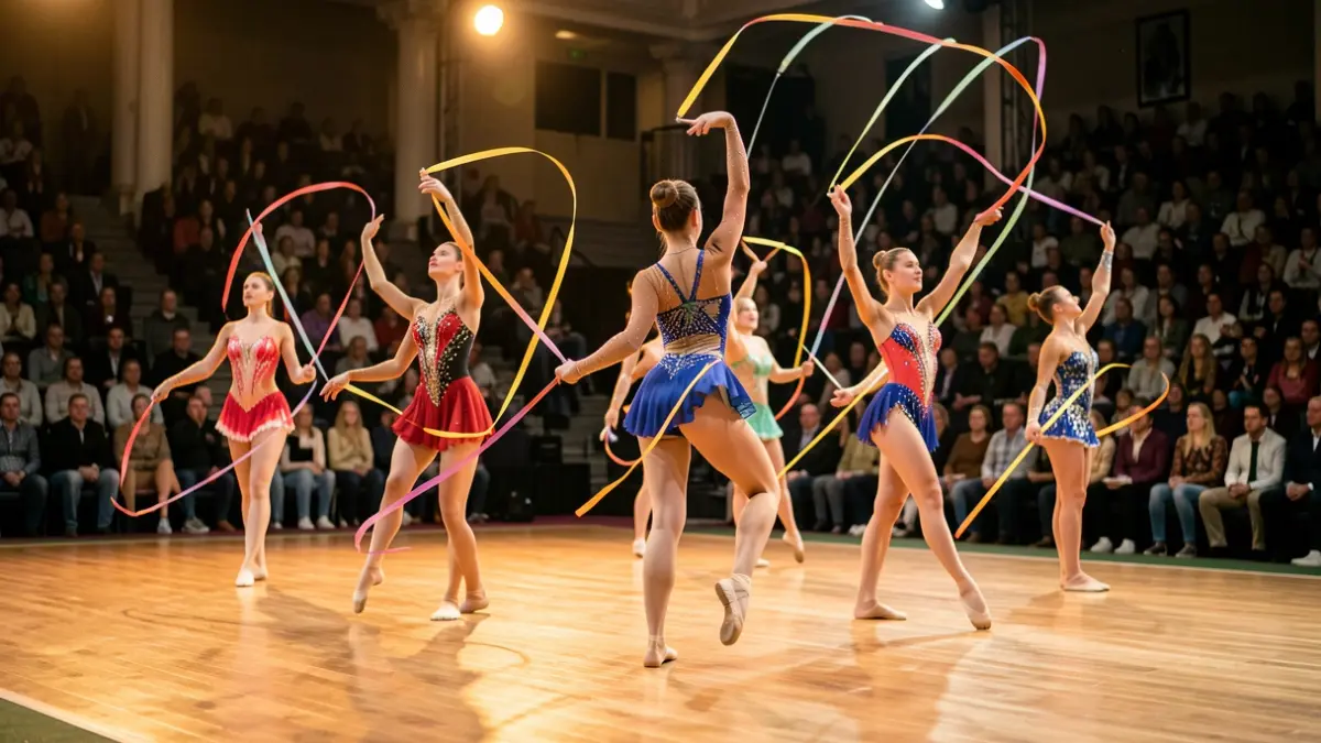 Imagen genérica de gimnastas realizando una rutina sincronizada con cintas en un suelo de madera pulida, con focos cálidos iluminando la escena y el público difuminado al fondo.