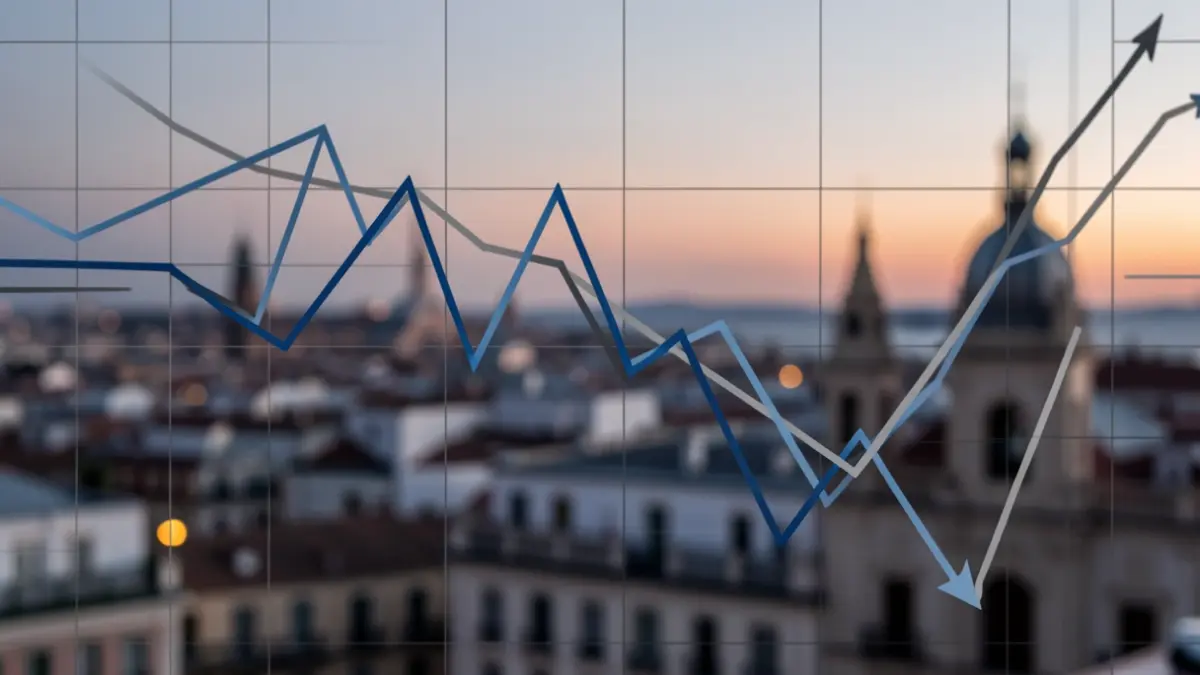 Gráfico de desempleo descendente con el skyline de Madrid al atardecer.