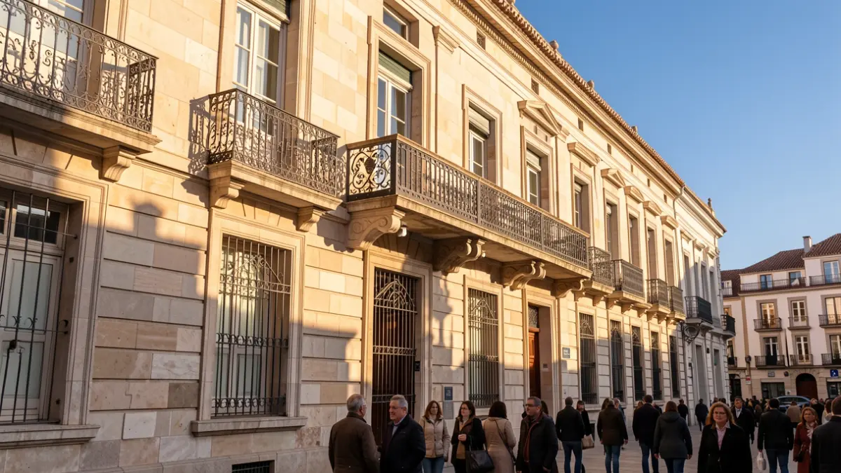 Imagen genérica de la fachada de un ayuntamiento de la Comunidad de Madrid con balcón y barandillas de hierro, luz de tarde cálida, cielo azul.
