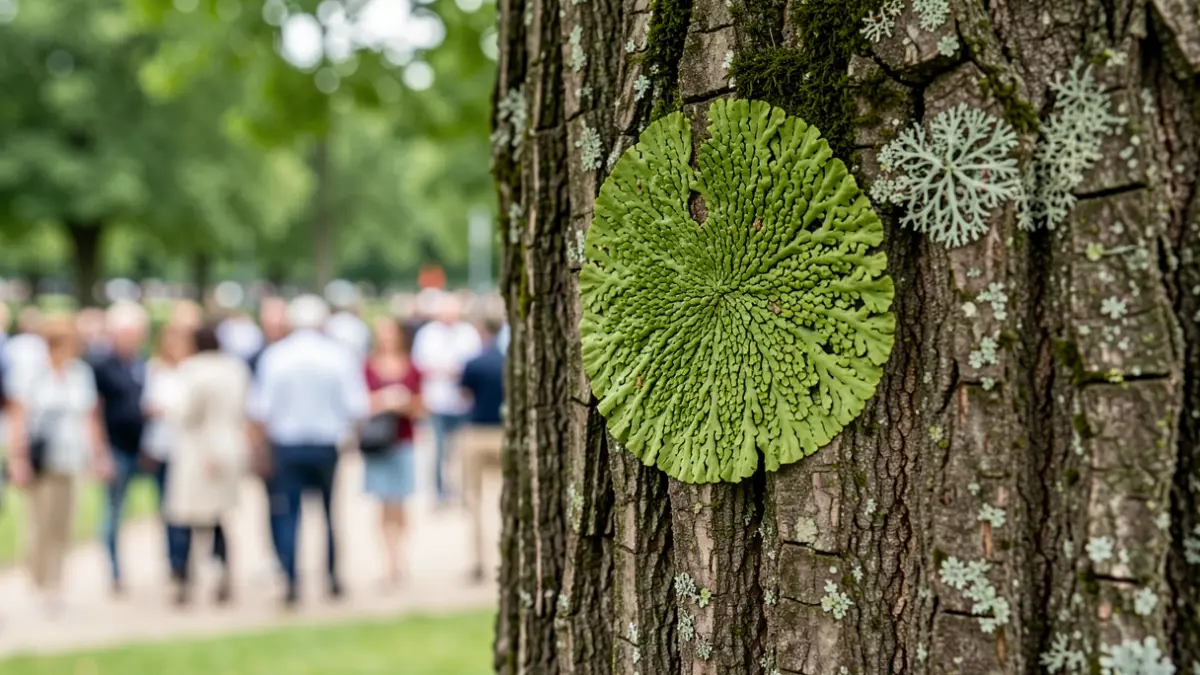 Imagen genérica de un liquen verde creciendo sobre la corteza de un árbol en un parque.