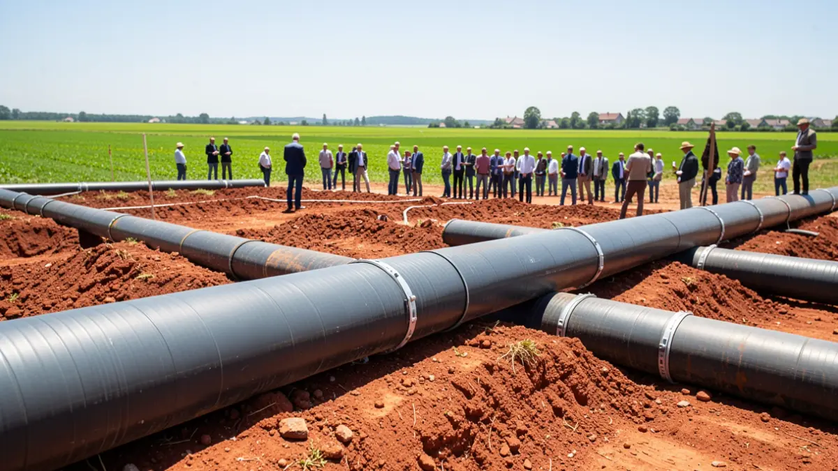 Generic image of large irrigation pipes being installed on red earth under the sun.