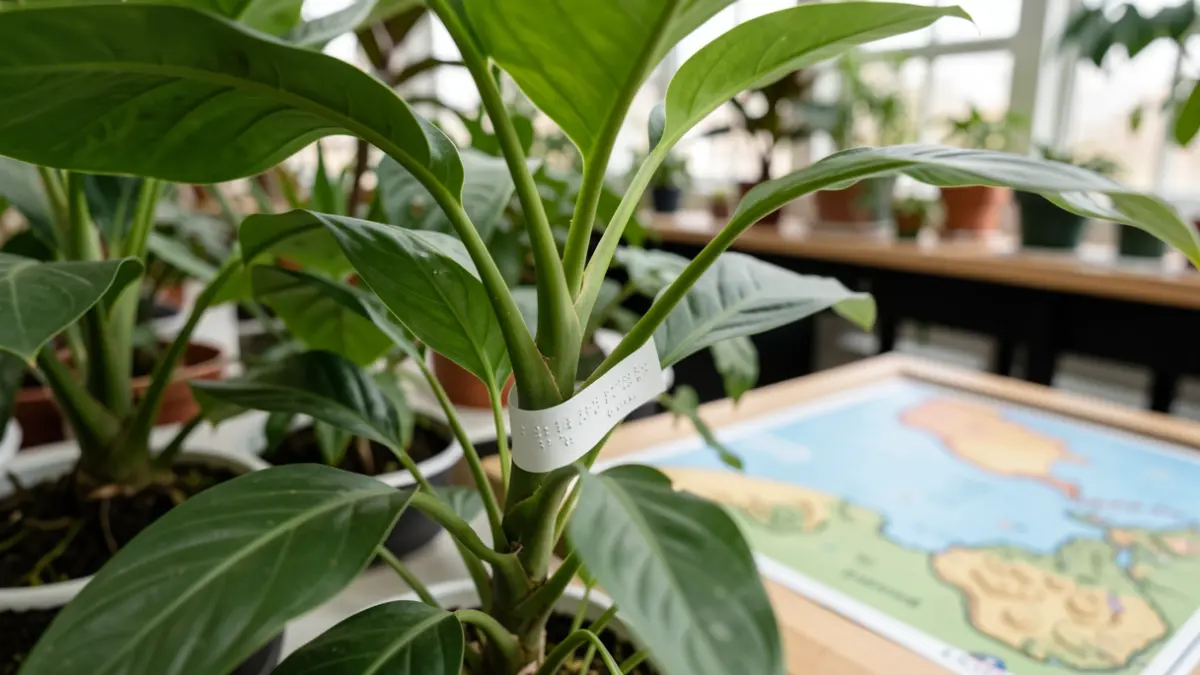 Generic image of a plant with a Braille label and a blurred tactile map in the background.