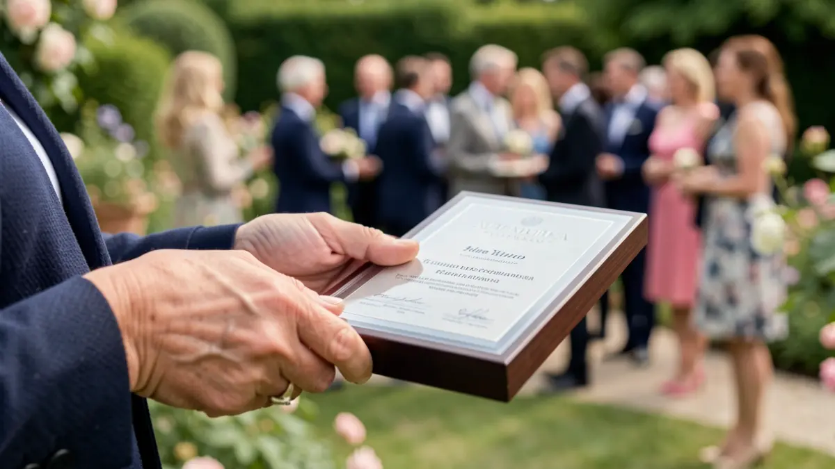 Hands holding a scientific award in a garden setting.