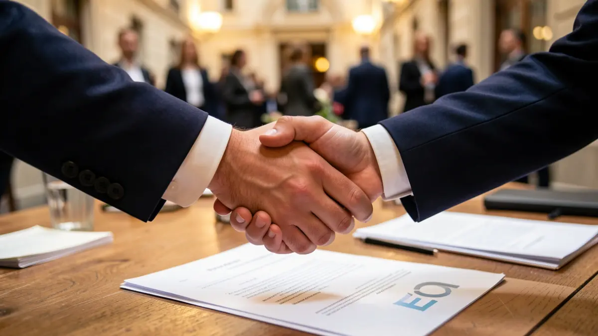 Generic image of two hands shaking over a desk with blurred documents and an institutional logo.
