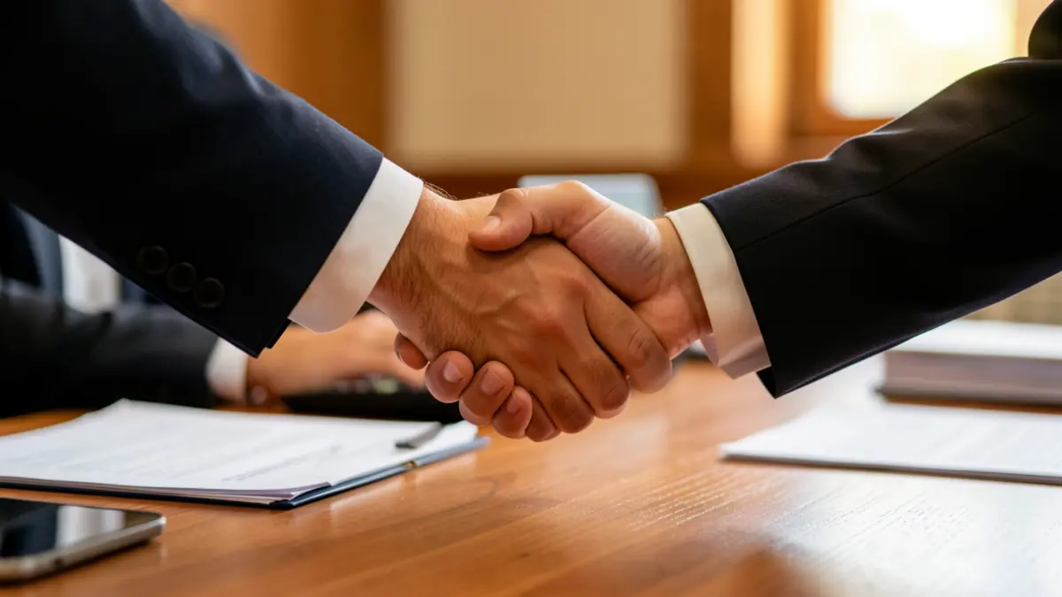 Image of two hands shaking over a desk, symbolizing international cooperation.