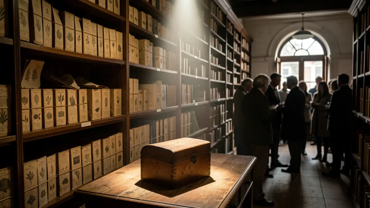 Image of a historical archive in the Royal Botanical Garden with old botanical specimens.