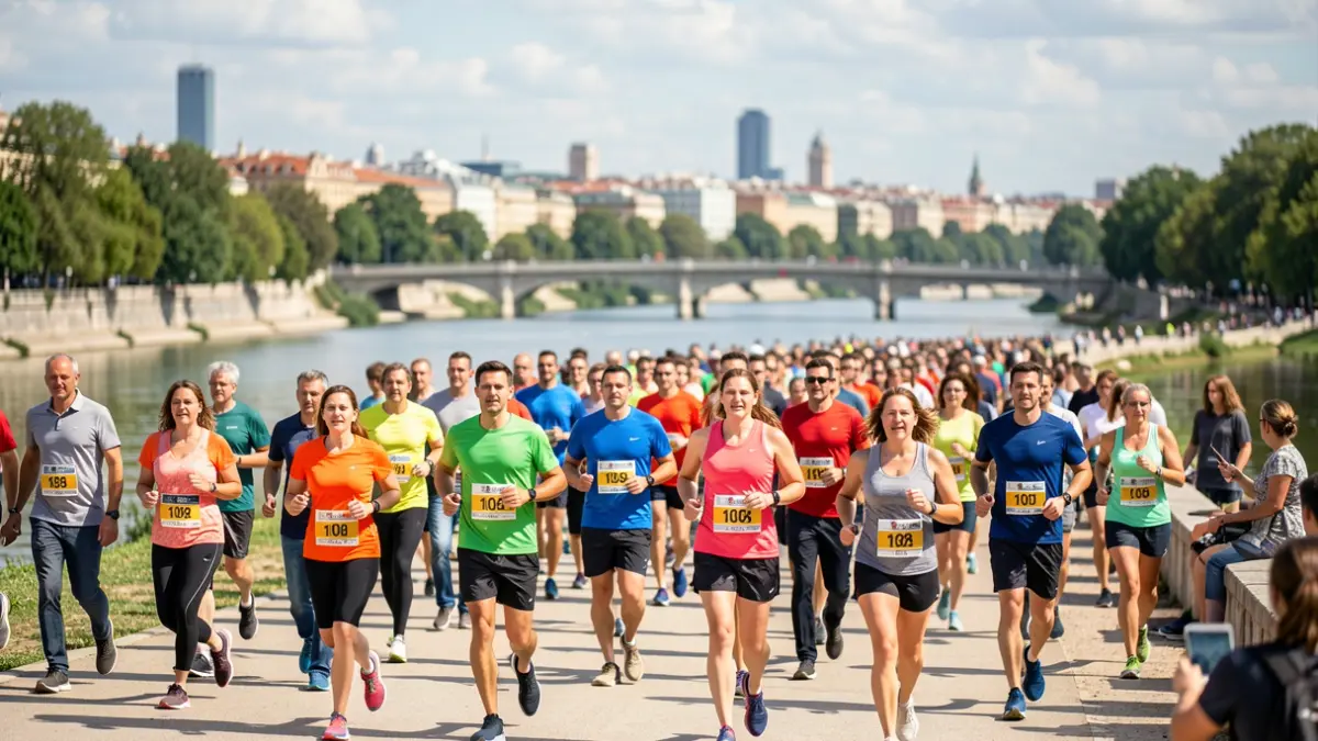 Imagen de la IV Carrera por la Prevención de Riesgos Laborales celebrada en Madrid Río con corredores de todas las edades y capacidades.