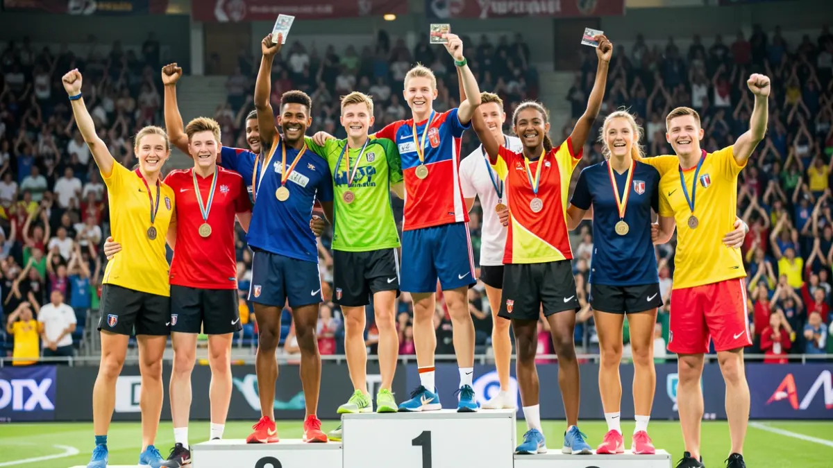 Imagen genérica de jóvenes atletas celebrando en un podio con medallas.