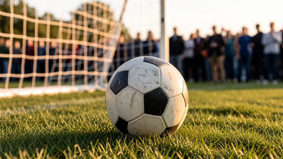 Generic image of a soccer ball on grass with the goal net blurred at sunset.