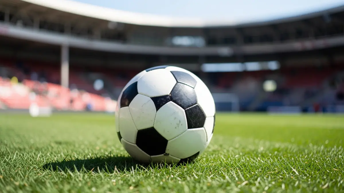 Generic image of a soccer ball on grass with a blurred stadium in the background.
