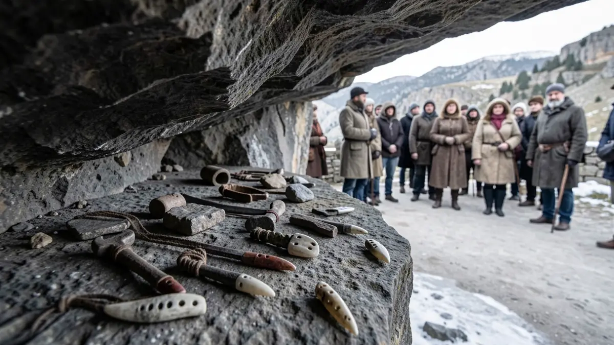 Recreación de herramientas de piedra y adornos personales de cazadores-recolectores prehistóricos en un abrigo rocoso de la Sierra de Madrid.