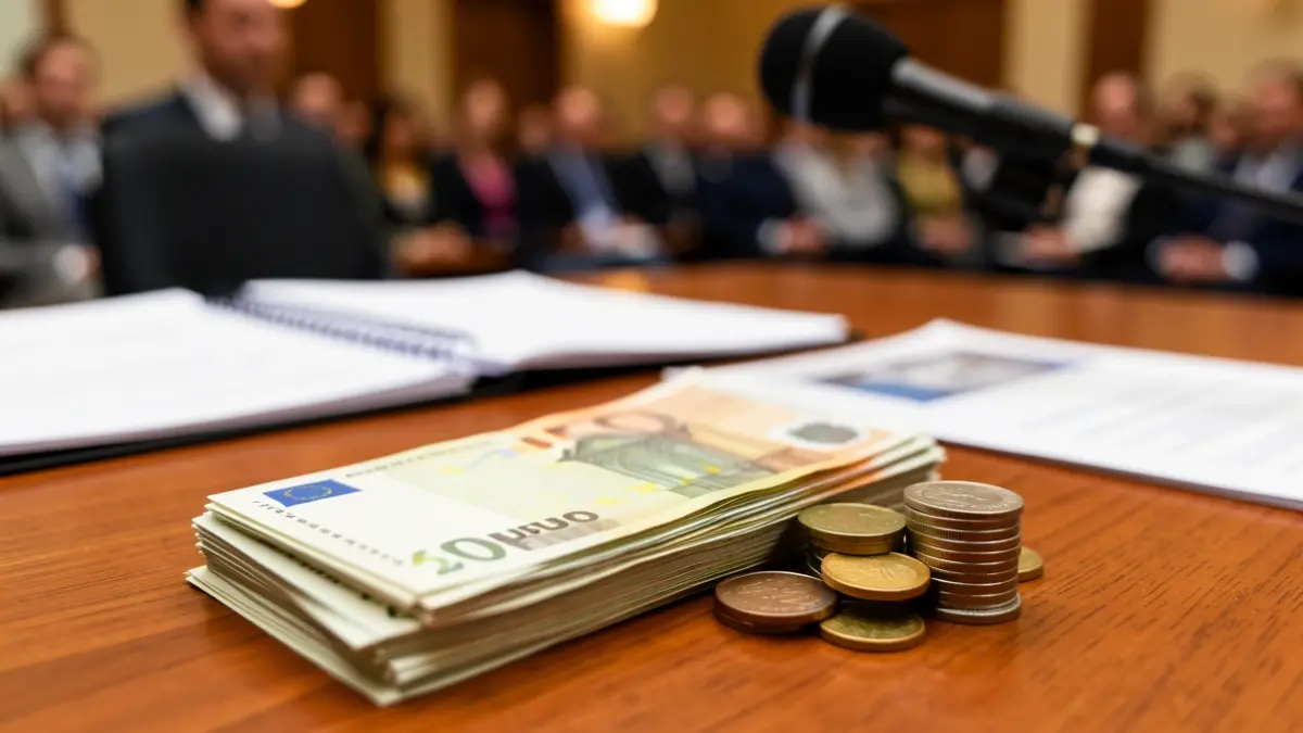 Imagen de billetes y monedas de euro sobre un escritorio, con documentos oficiales y un micrófono desenfocados al fondo.