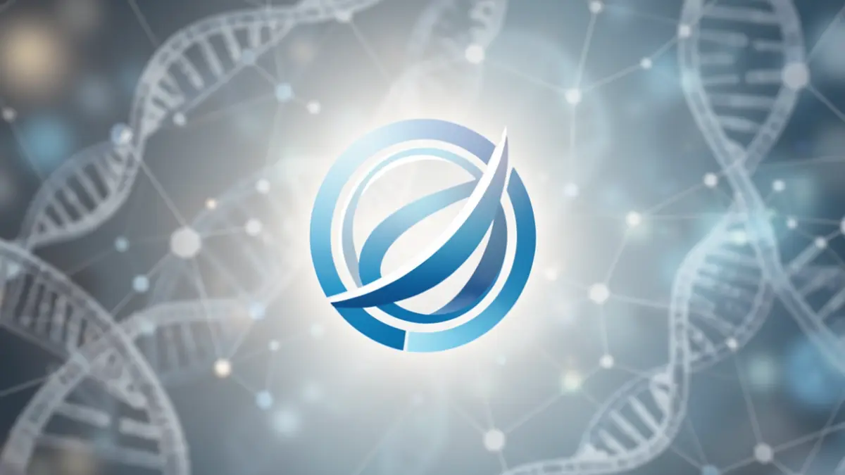 Imagen genérica de un símbolo abstracto de innovación médica y colaboración europea con patrones de ADN y nodos interconectados.