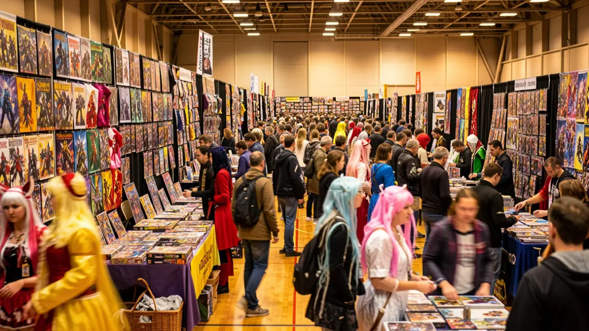 Generic image of a sports hall filled with costumed people and vendor booths during a comic and geek culture convention.