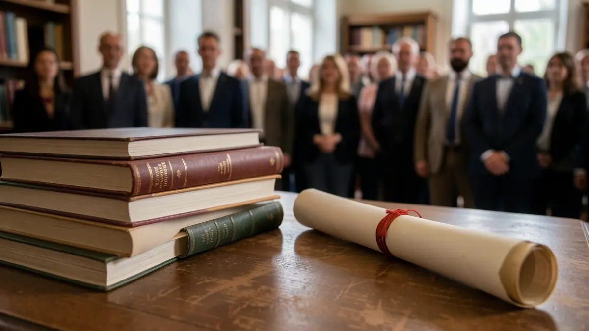 Imagen genérica de un escritorio con libros académicos y un diploma.