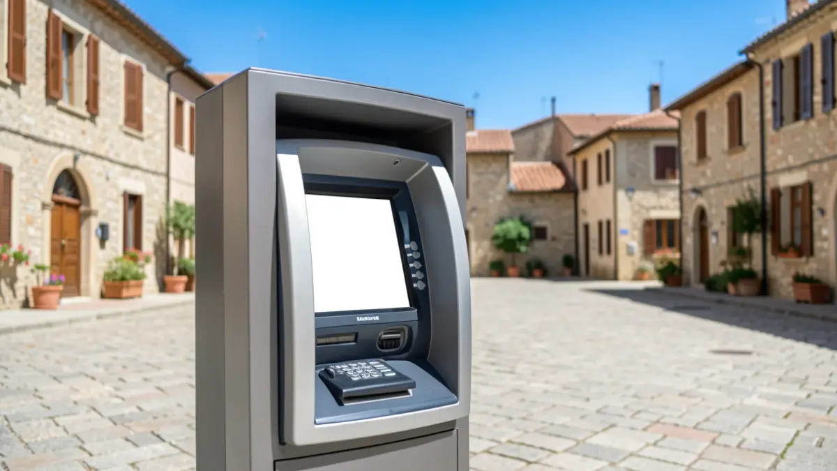 Imagen genérica de un cajero automático moderno instalado en una plaza de pueblo con arquitectura tradicional.