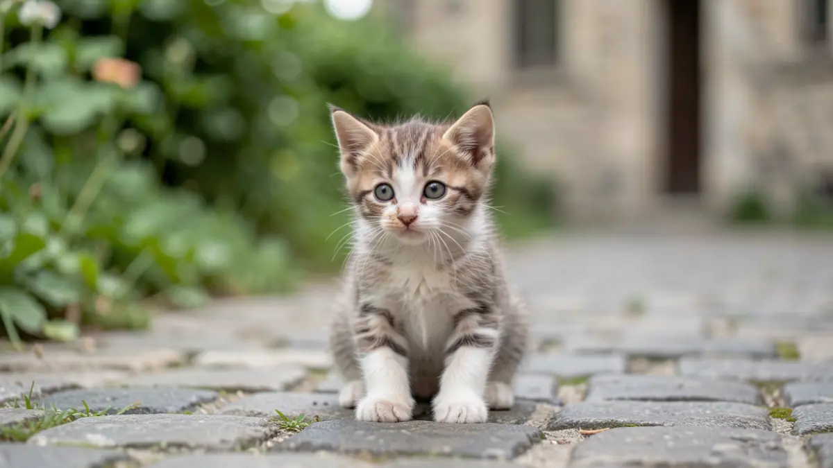 Imagen genérica de un gatito perdido sentado en un camino de adoquines.