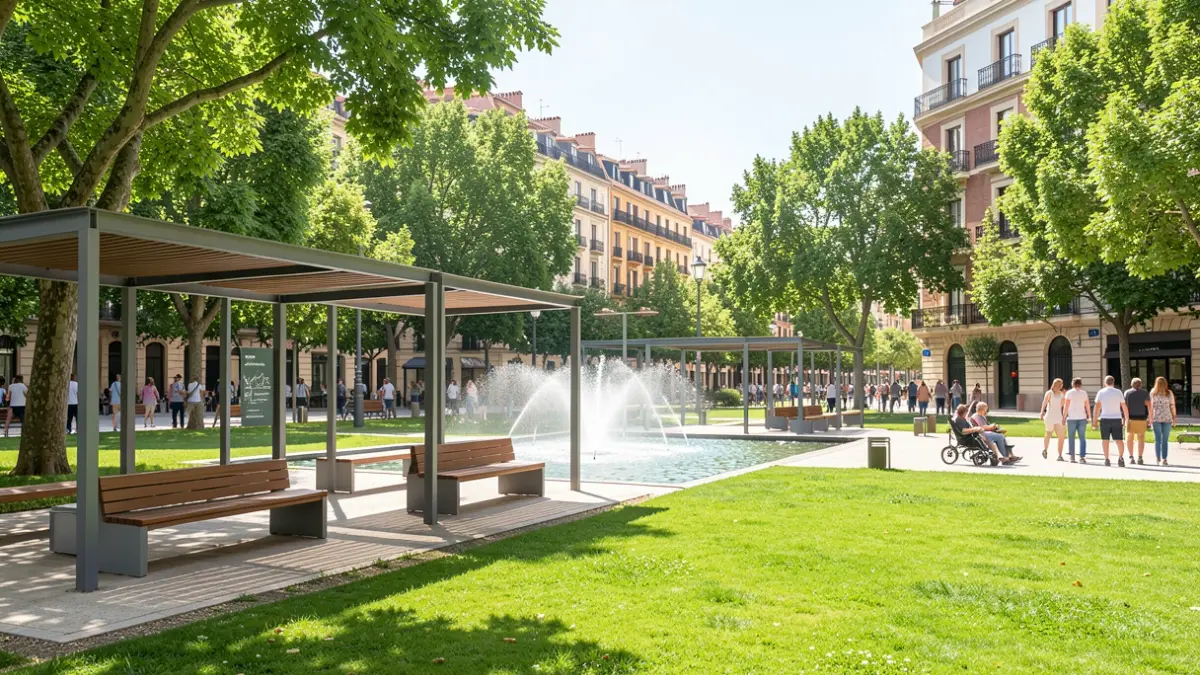 Image of an urban climate shelter in Getafe with green areas and shaded structures.