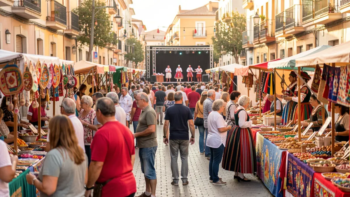 Imagen genérica de una feria cultural en Getafe con puestos de artesanía, comida y actuaciones folclóricas.
