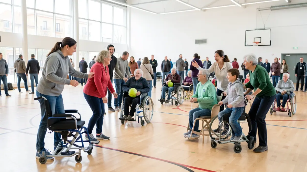 Imagen genérica de personas con discapacidad intelectual participando en una actividad deportiva guiada por instructores en un gimnasio.