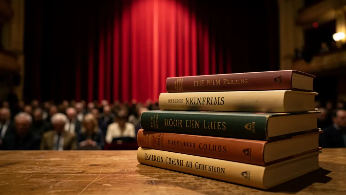 Imagen de libros sobre una mesa con un escenario de teatro al fondo.