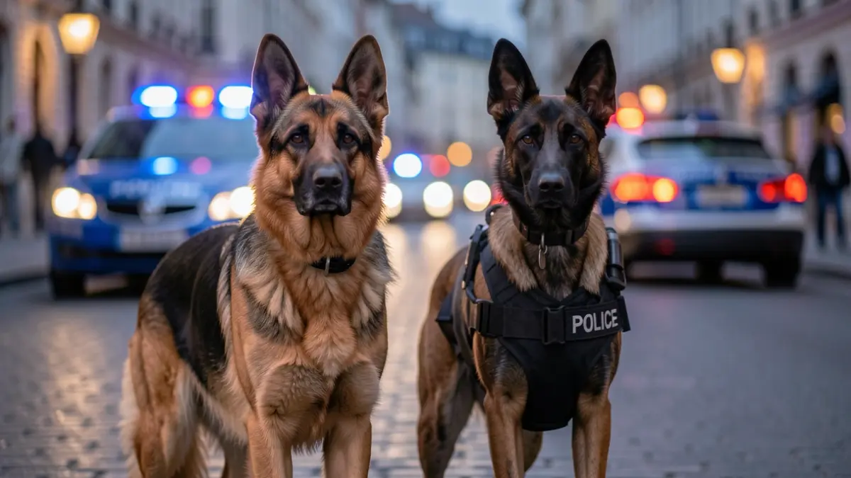 Generic image of two police dogs, a German Shepherd and a Belgian Malinois, standing alert on an urban street at dusk, with blurred police car lights in the background.
