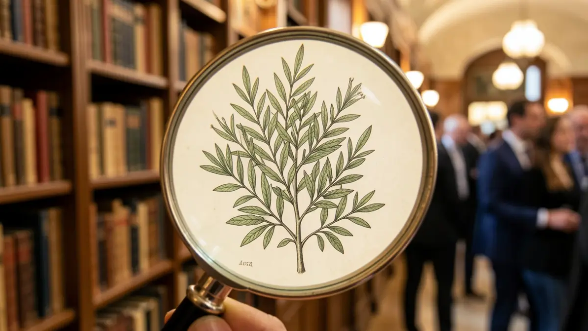 Primer plano de una lupa sobre una ilustración botánica detallada de una planta mediterránea, con estanterías de libros antiguos desenfocadas al fondo.