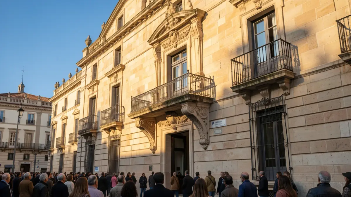 Generic image of the stone facade of a town hall in the Community of Madrid with a balcony and iron railings, warm afternoon light.