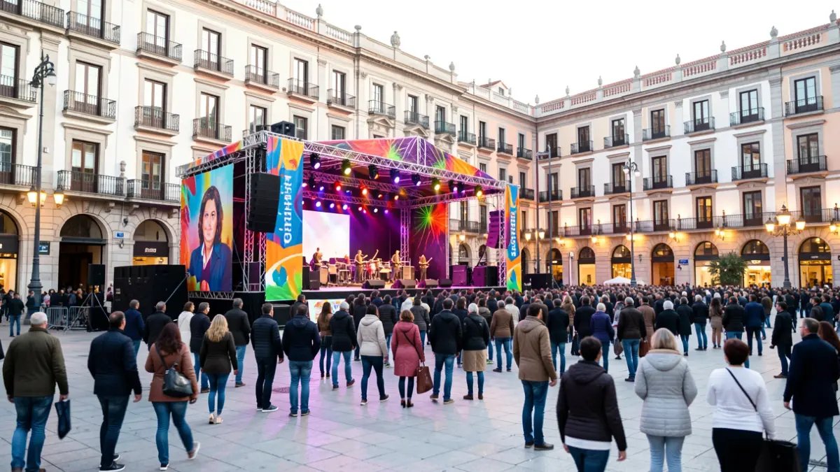 Generic image of an outdoor concert stage in a Madrid square during the Hispanidad celebration.