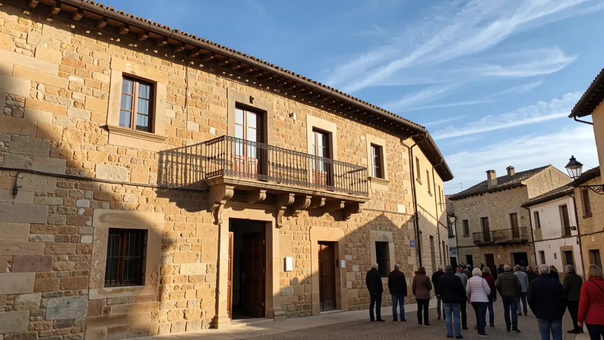 Fachada de un ayuntamiento rural de piedra con balcón y barandillas de hierro.
