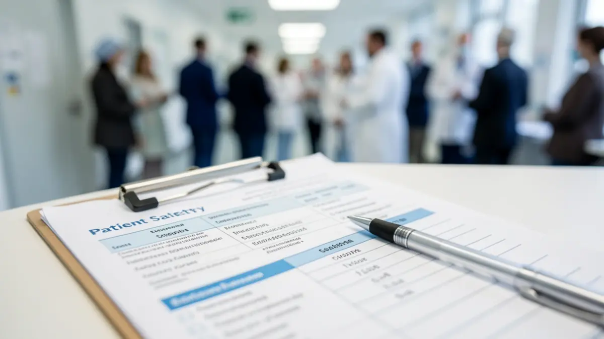 Close-up of a medical clipboard with patient safety data in a hospital.