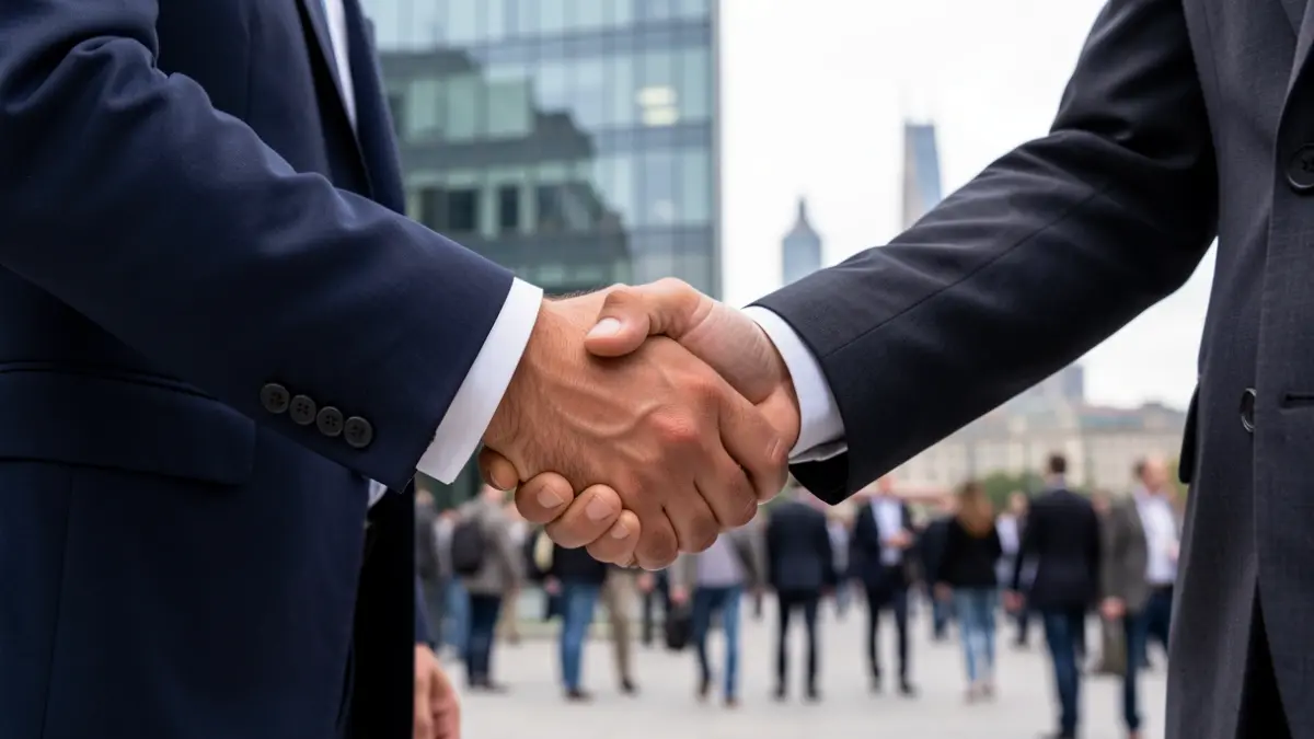 Image of two people shaking hands in a business agreement, with the Madrid skyline in the background.