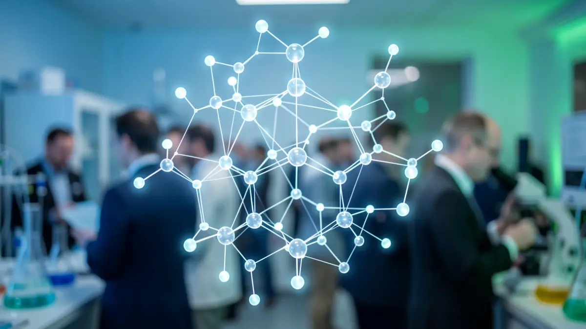 Generic image of an abstract, glowing molecular structure in a blurred laboratory setting.