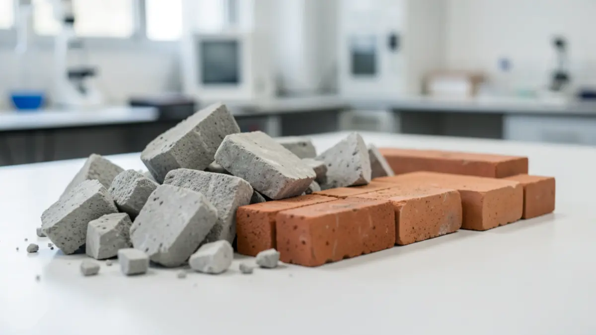 Imagen genérica de materiales de construcción reciclados, como escombros y ladrillos, dispuestos ordenadamente sobre una superficie limpia.