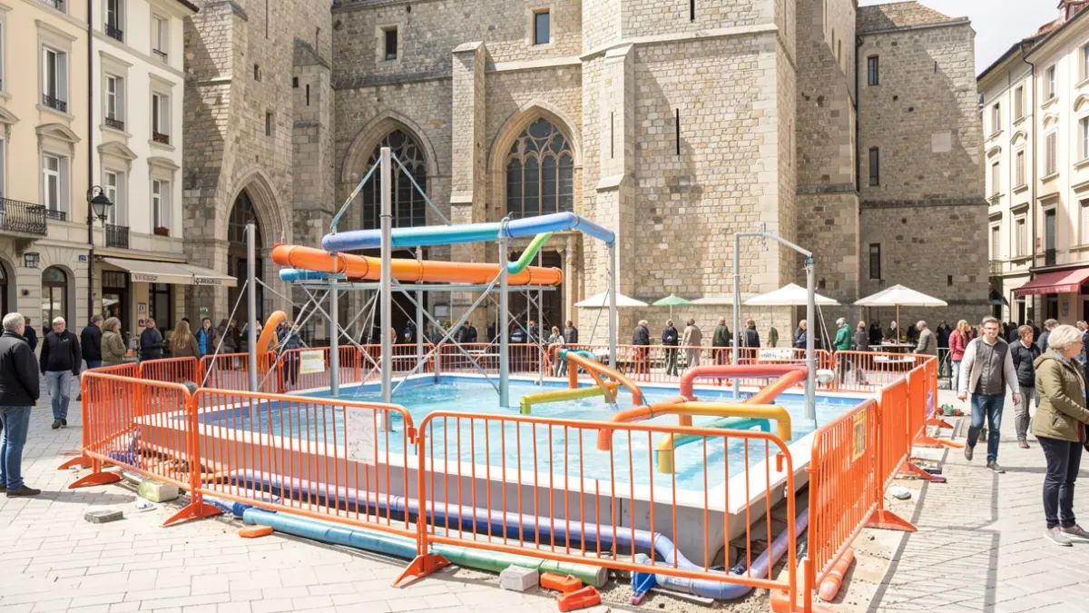 Generic image of a construction site for a water park in a town square.